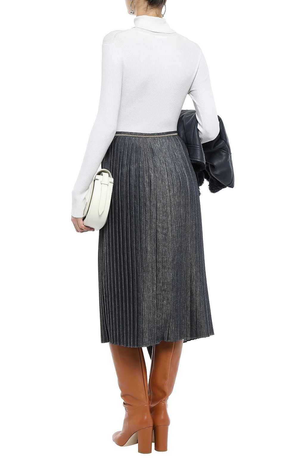 BRUNELLO CUCINELLI Bead-embellished pleated denim midi skirt