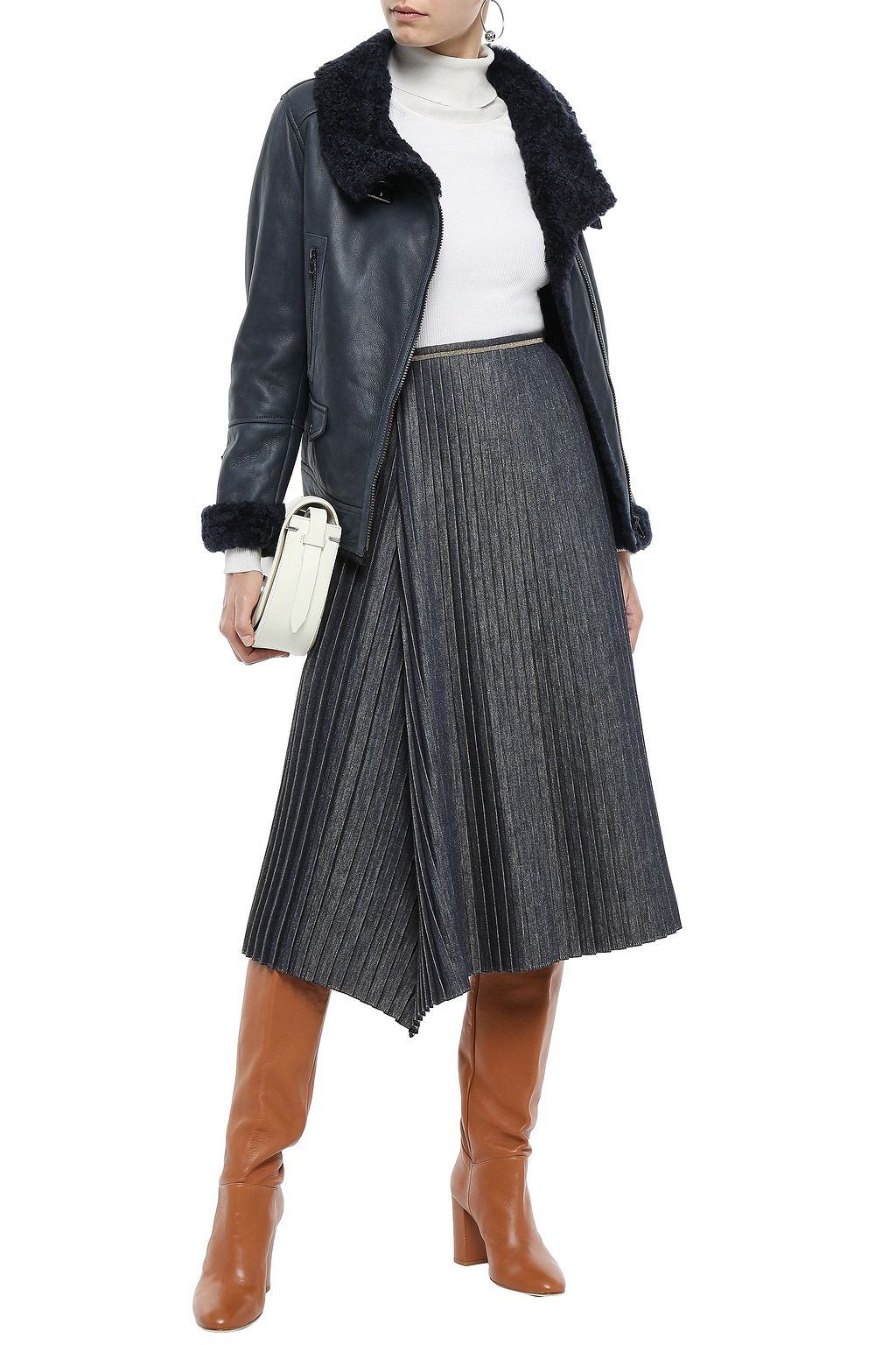 BRUNELLO CUCINELLI Bead-embellished pleated denim midi skirt