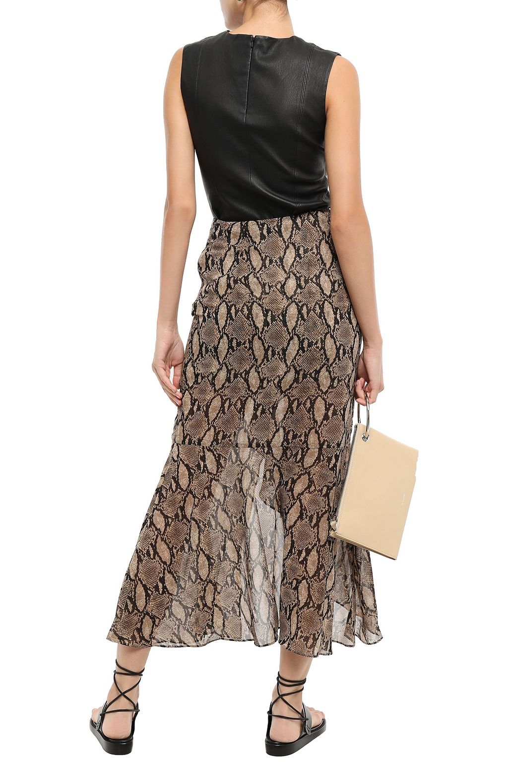 GOEN.J Asymmetric ruffled snake-print chiffon midi skirt