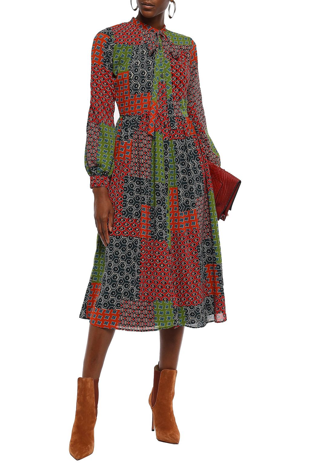 WALTER BAKER Pussy-bow printed crepe midi dress