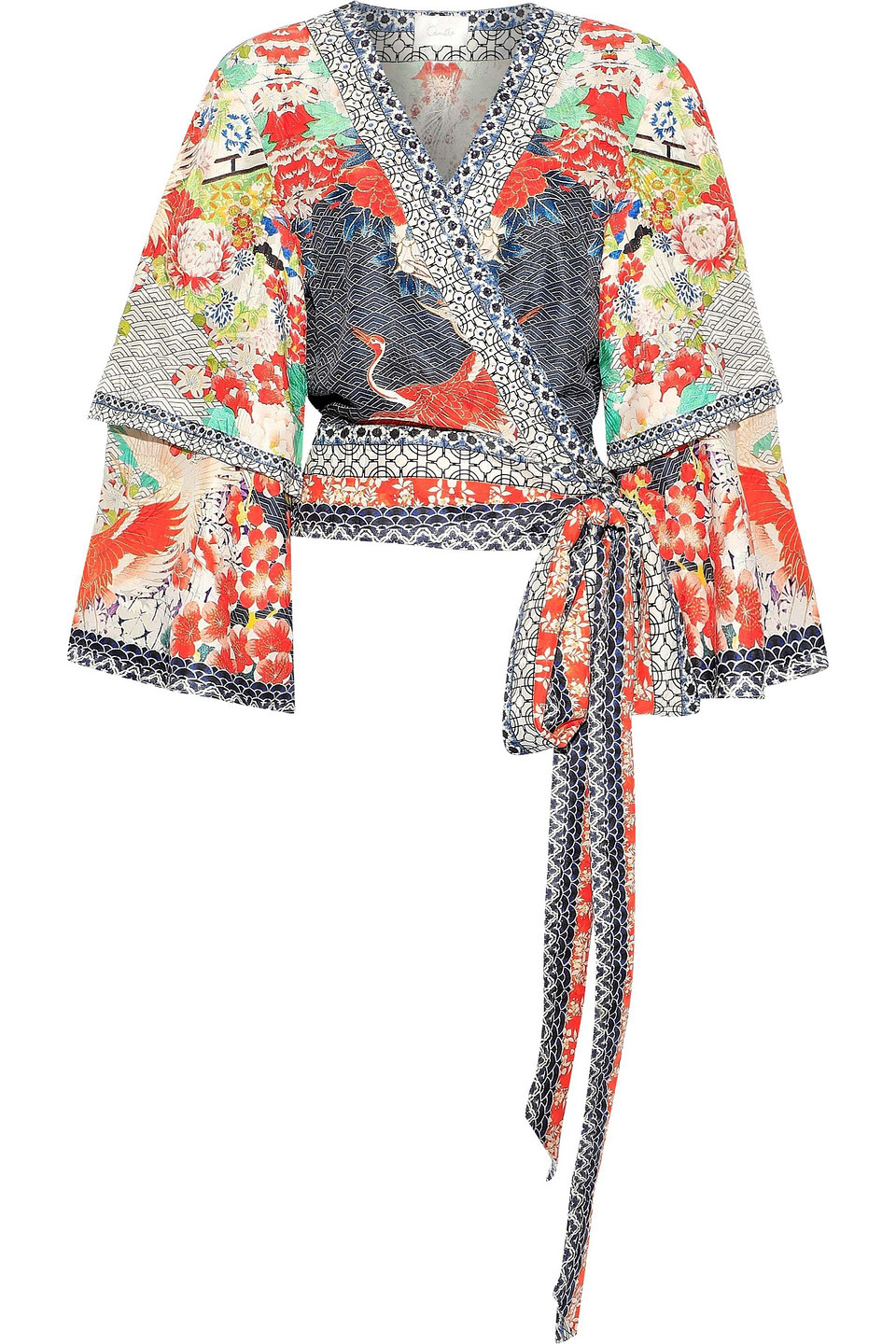 Camilla Woman Geisha Girl Crystal-embellished Printed Silk-jacquard Wrap Blouse Multicolor Size L