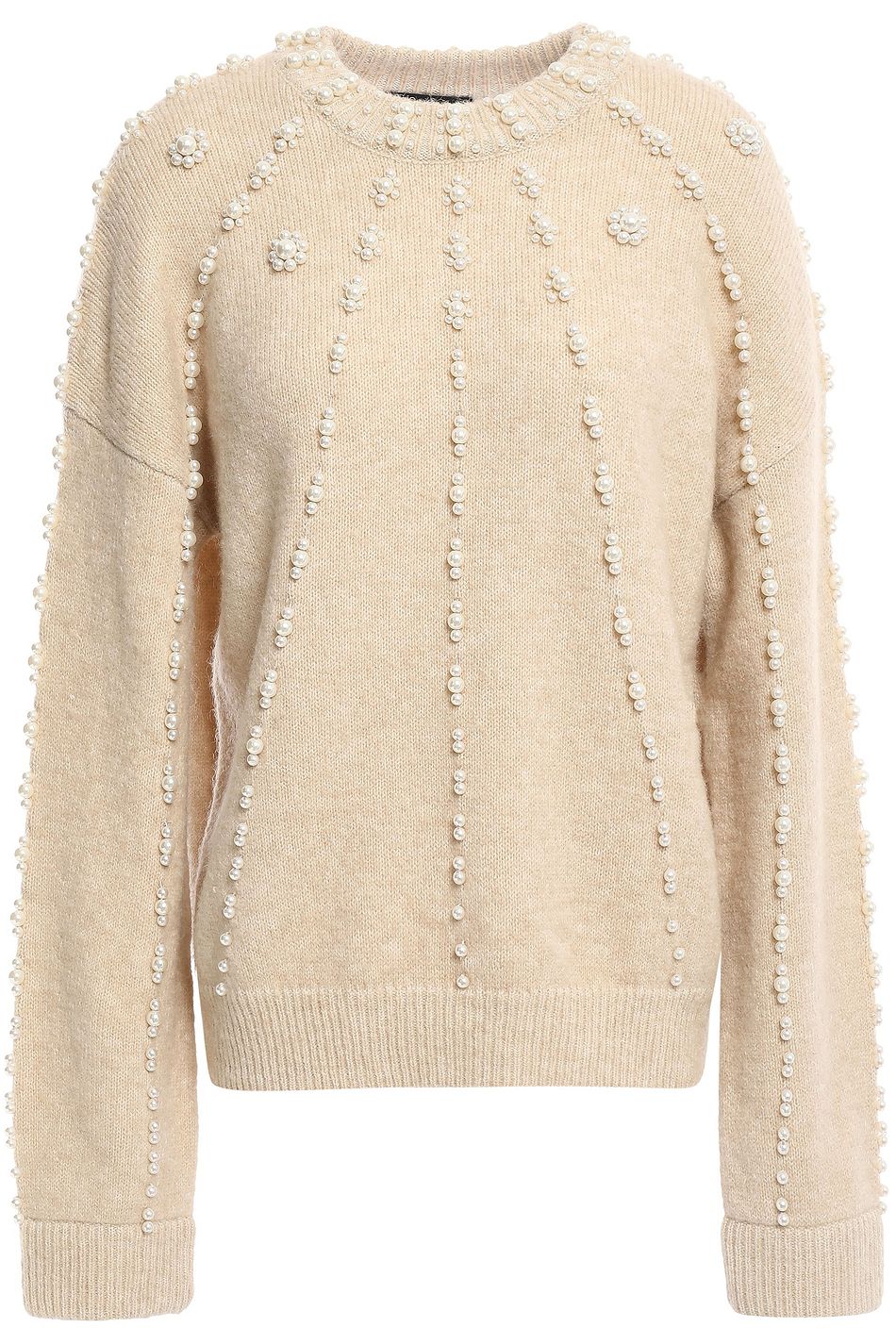 Faux pearl embellished knitted sweater Pearl Embellished Off Shoulder Sweater