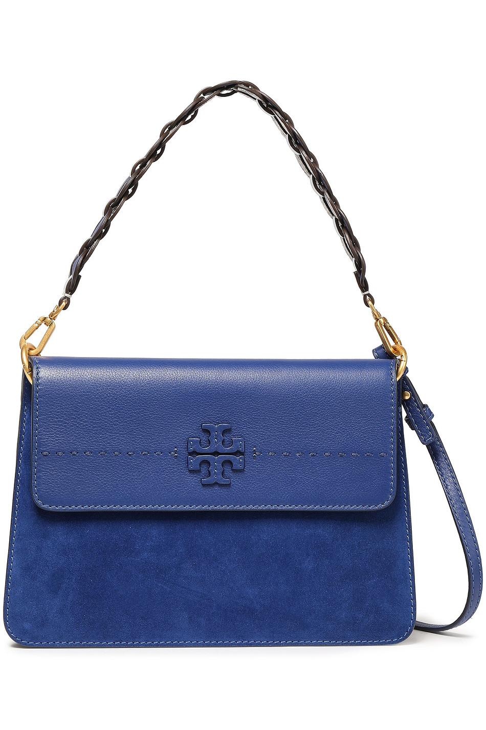 TORY BURCH Suede-paneled logo-embellished textured-leather shoulder bag