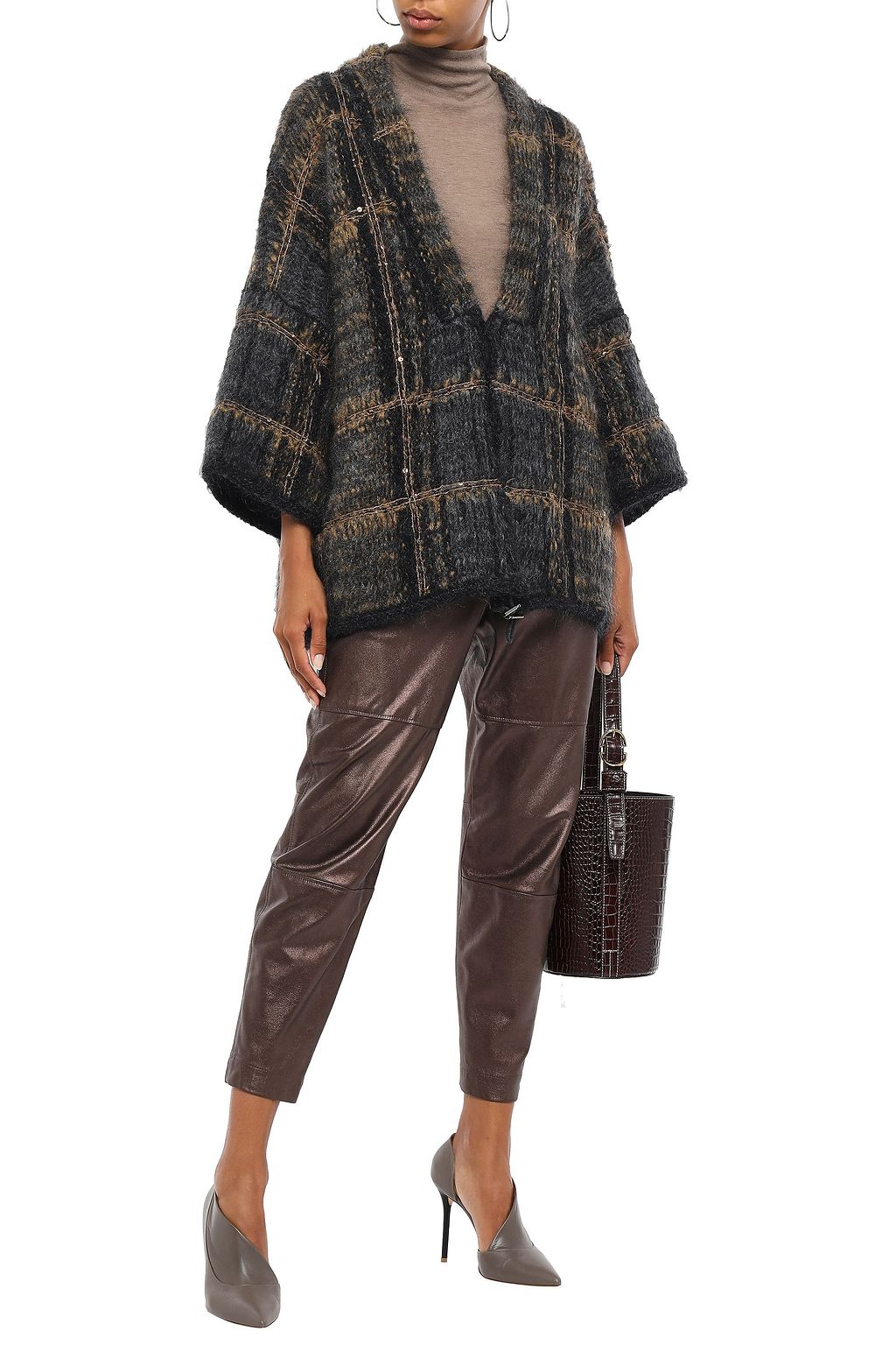 BRUNELLO CUCINELLI Oversized sequin-embellished checked mohair-blend cardigan
