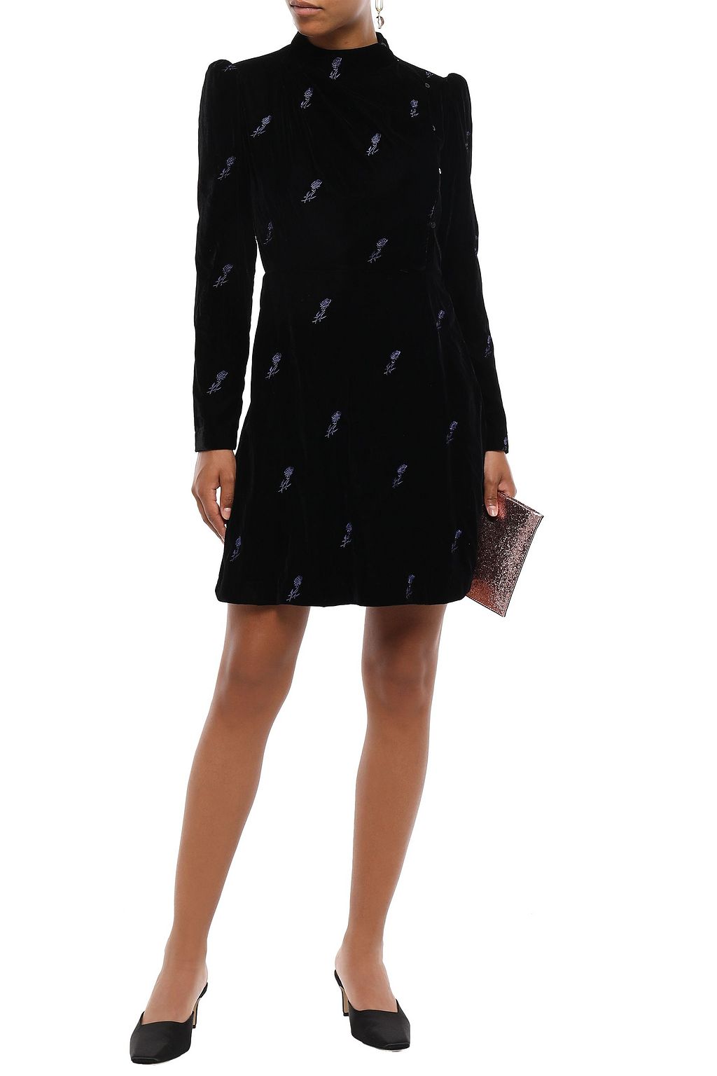 MAJE Wrap-effect embroidered velvet mini dress