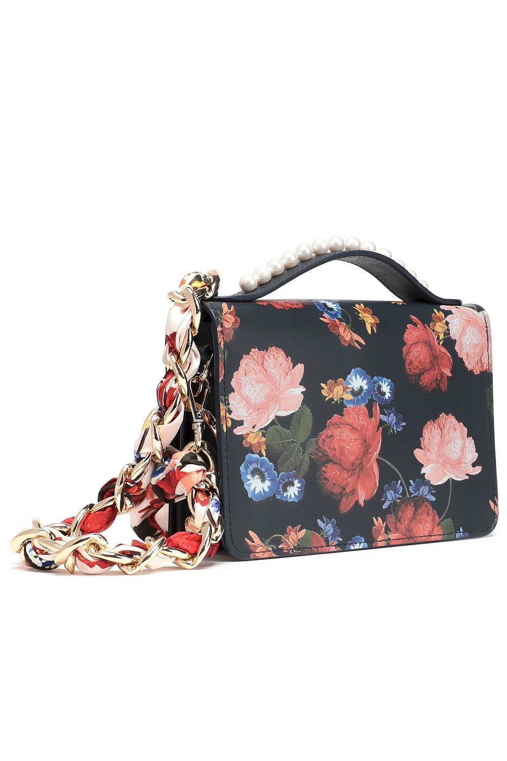 MOTHER OF PEARL Drew faux pearl-embellished floral-print leather shoulder bag