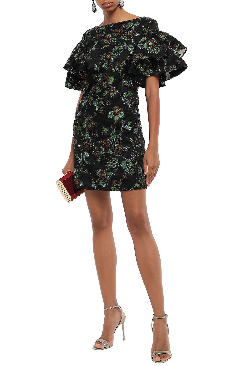 BADGLEY MISCHKA Tiered brocade mini dress