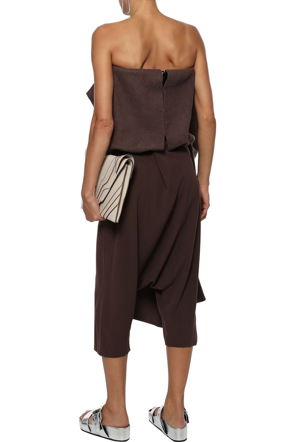 RICK OWENS Strapless gathered draped camel hair and linen-blend top