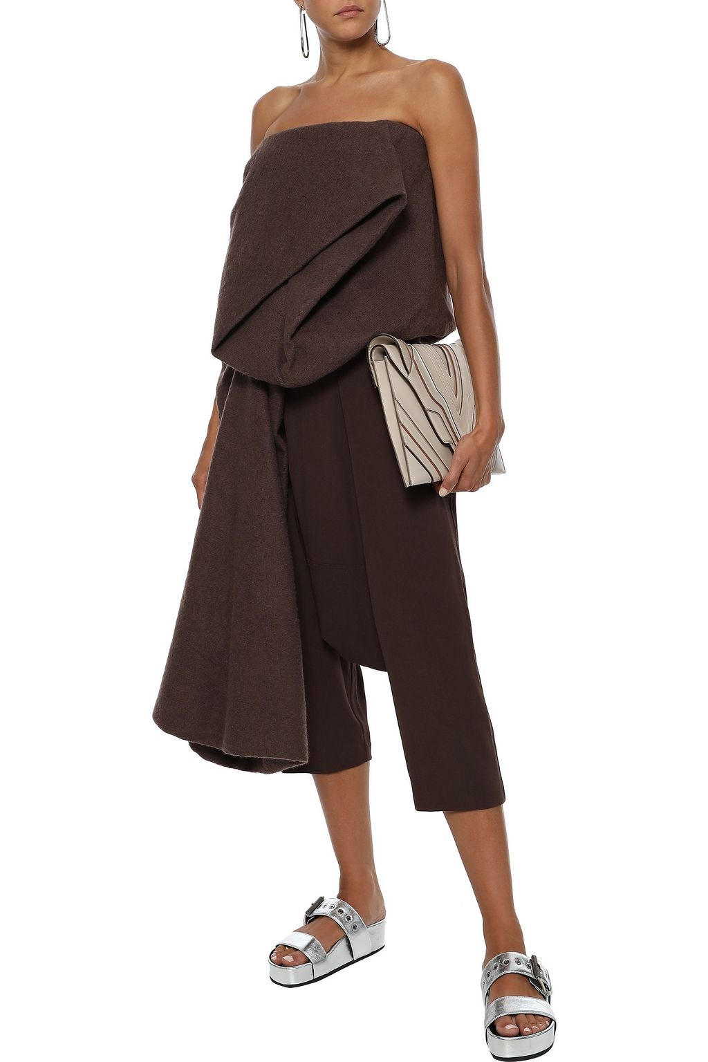 RICK OWENS Strapless gathered draped camel hair and linen-blend top