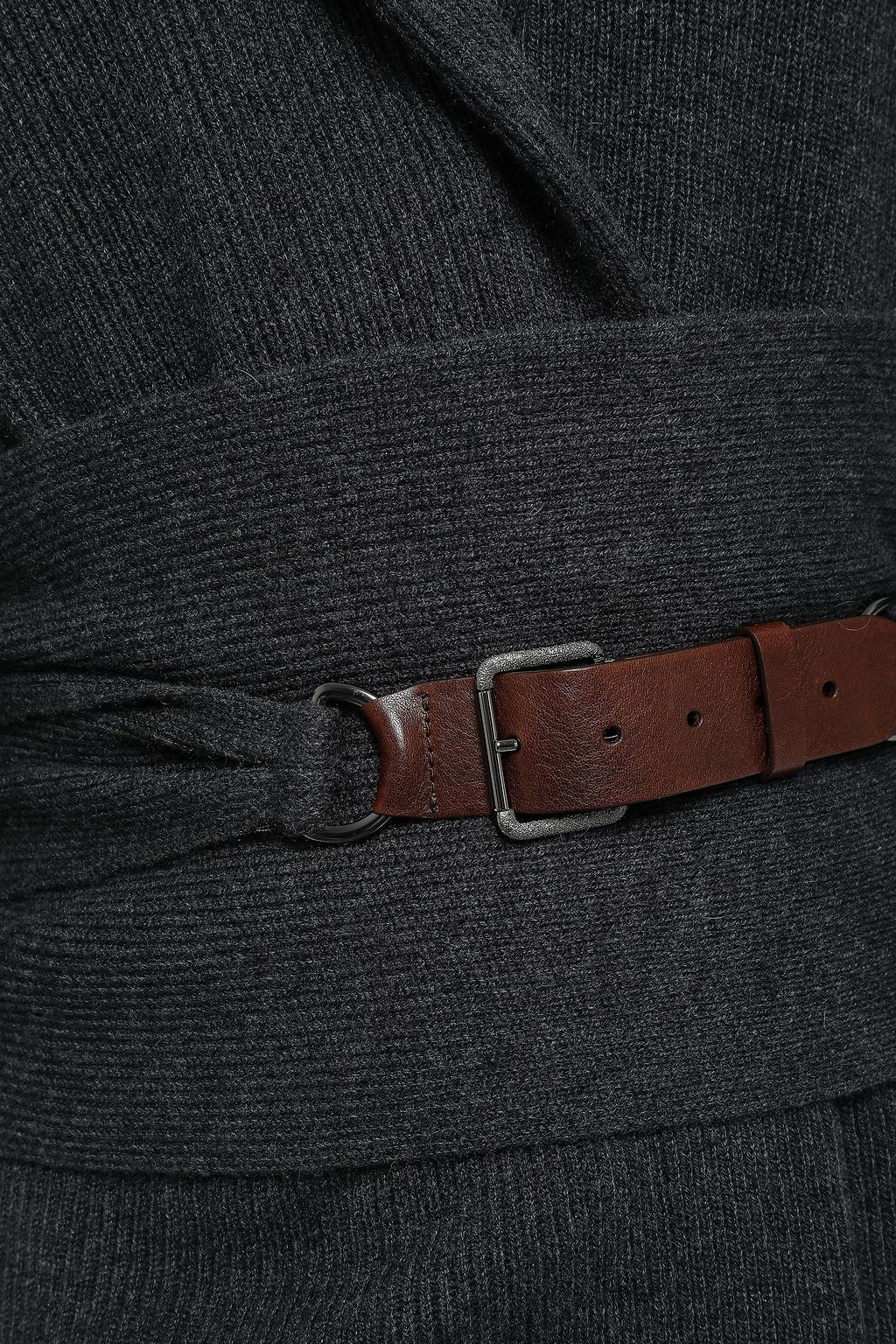 BRUNELLO CUCINELLI Belted leather-trimmed cashmere cardigan