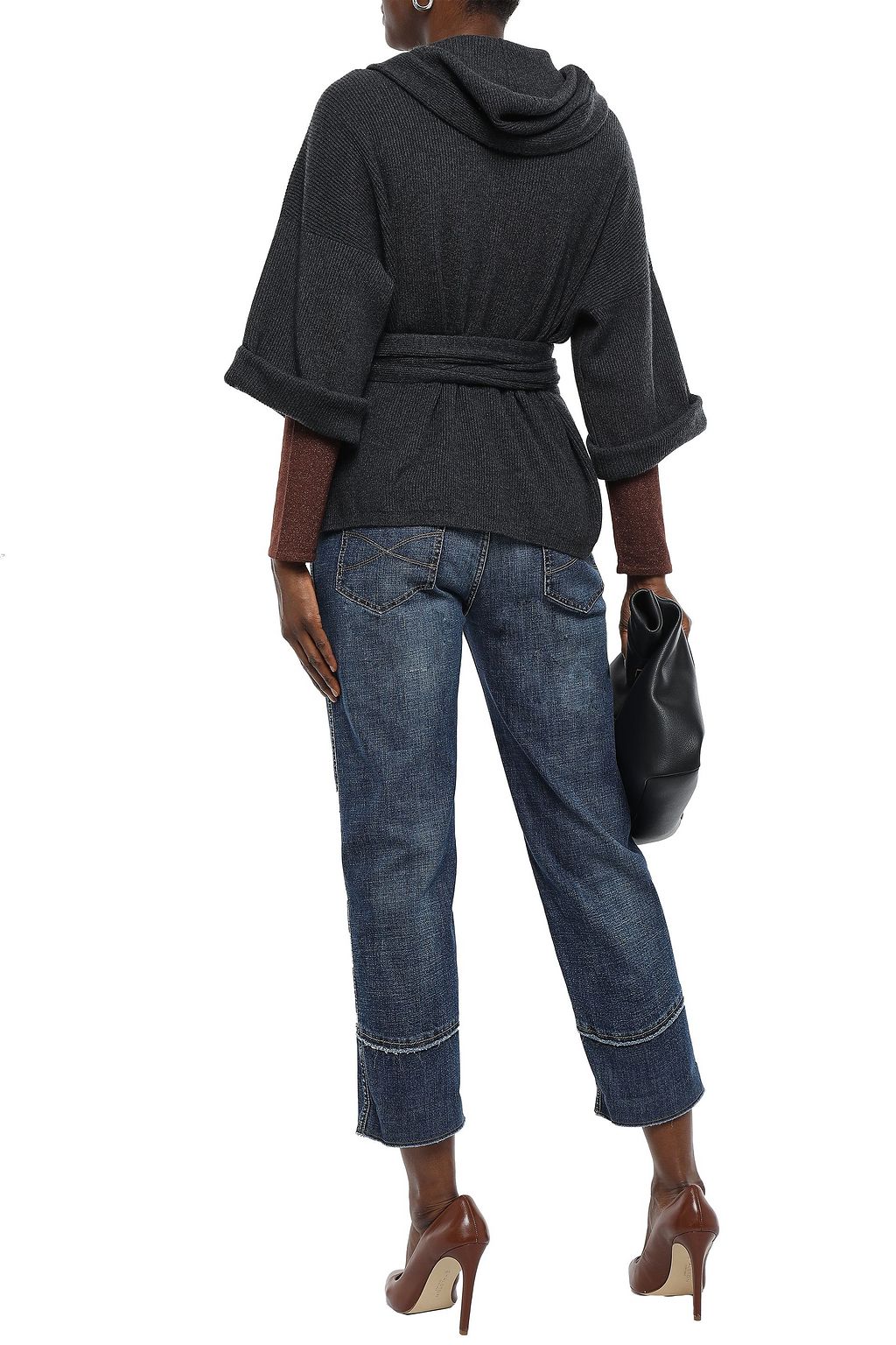 BRUNELLO CUCINELLI Belted leather-trimmed cashmere cardigan