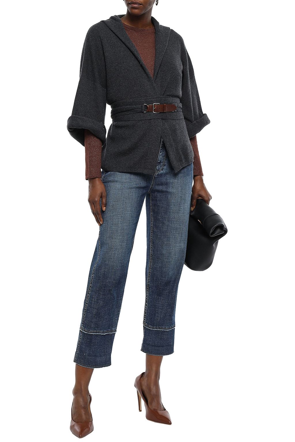 BRUNELLO CUCINELLI Belted leather-trimmed cashmere cardigan