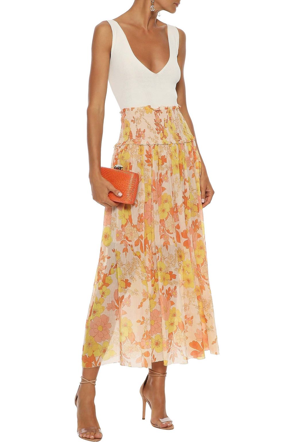 ZIMMERMANN Primrose shirred floral-print cotton and silk-blend midi skirt