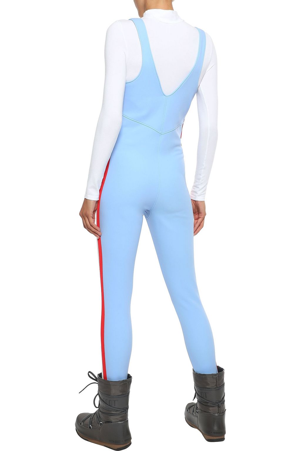 Vail striped stretch stirrup ski suit 