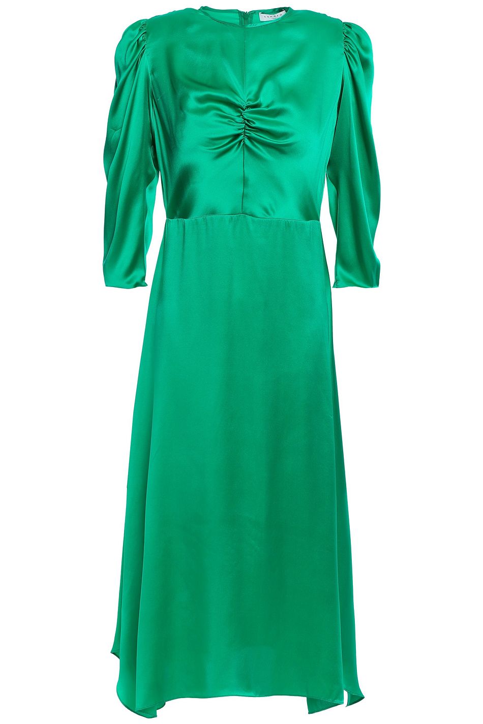 emerald green satin midi dress