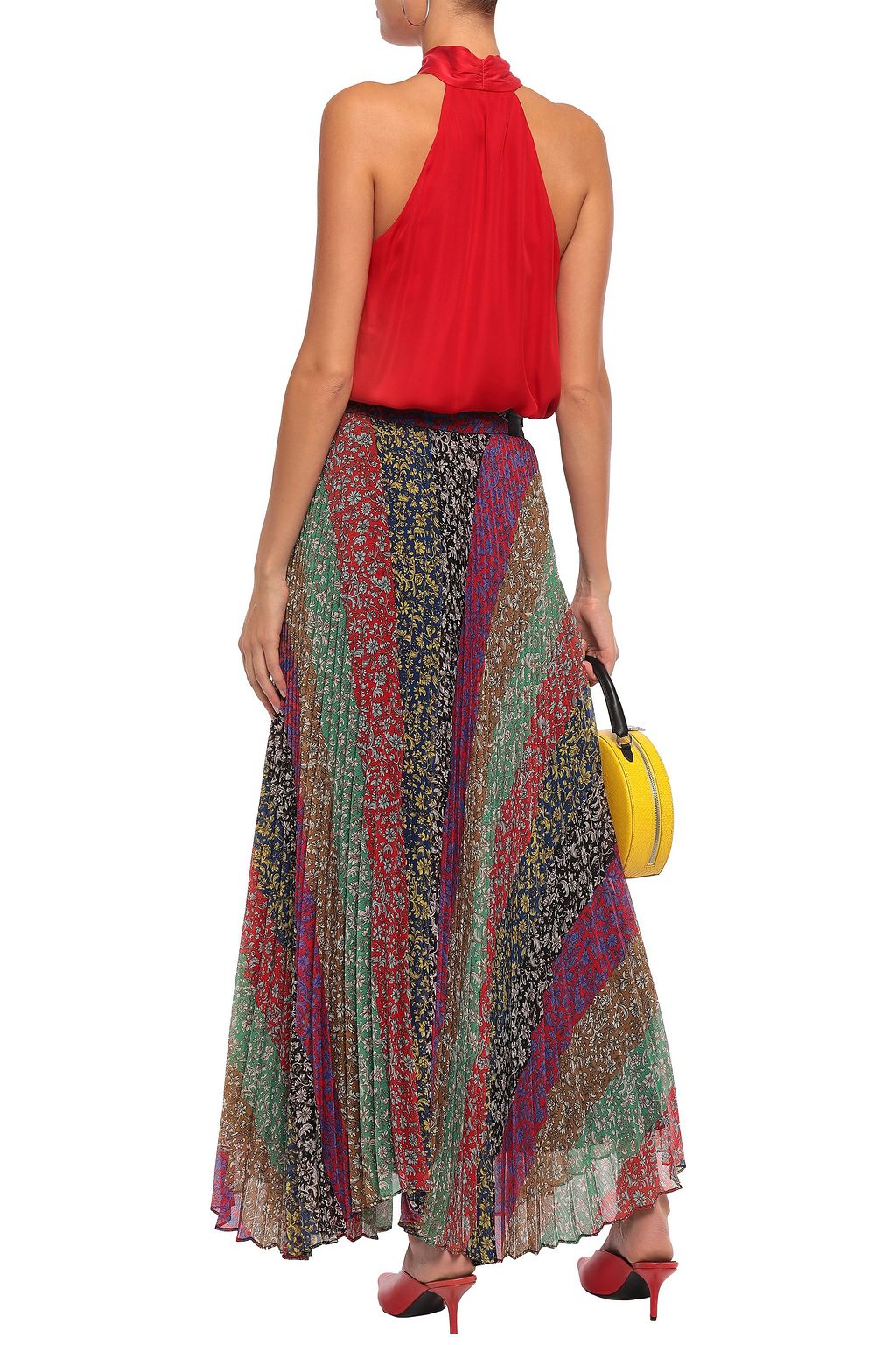 ALICE + OLIVIA Patchwork-effect pleated floral-print crepon maxi skirt