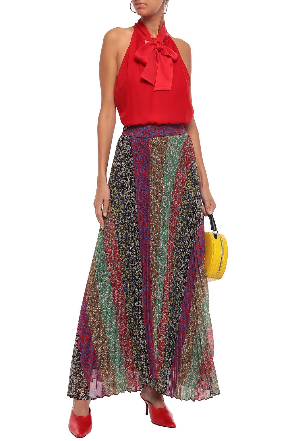 ALICE + OLIVIA Patchwork-effect pleated floral-print crepon maxi skirt