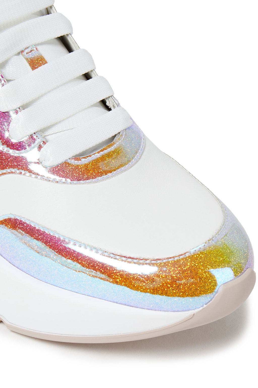 MCQUEEN Paneled glittered holographic leather exaggerated-sole sneakers