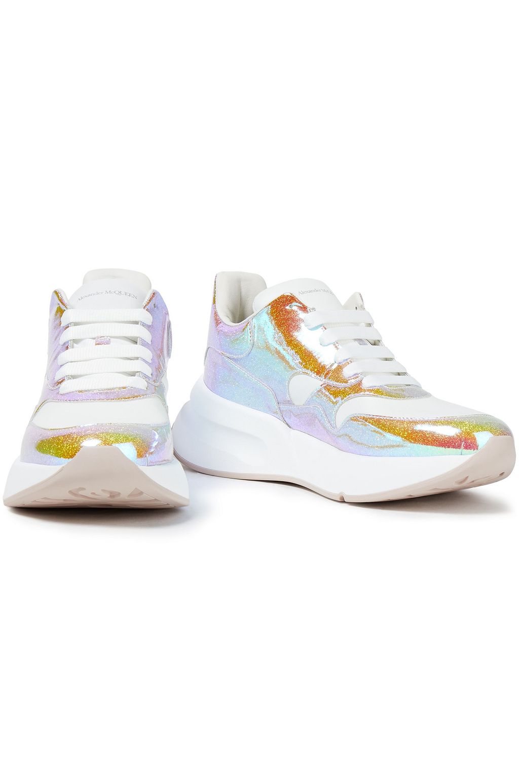 MCQUEEN Paneled glittered holographic leather exaggerated-sole sneakers