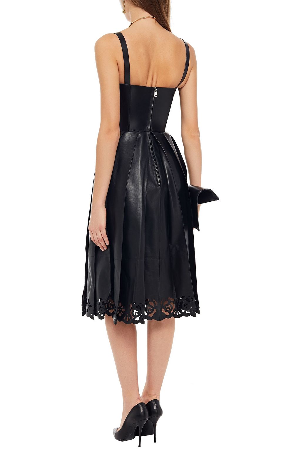 MCQUEEN Pleated laser-cut leather midi dress