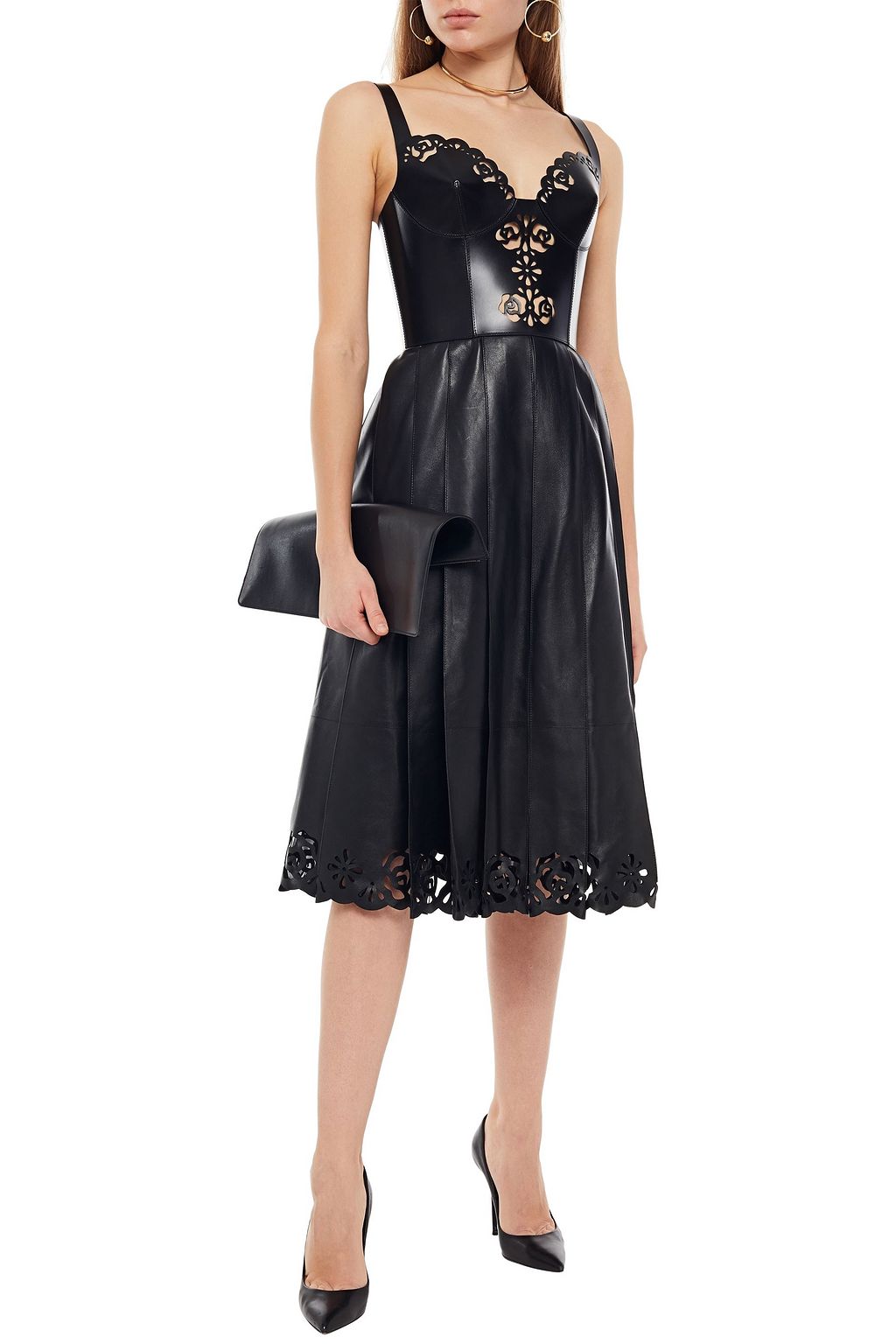 MCQUEEN Pleated laser-cut leather midi dress