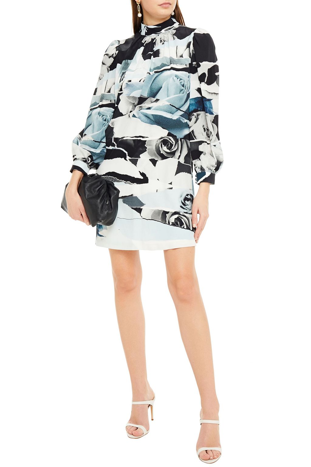MCQUEEN Gathered printed silk crepe de chine mini dress