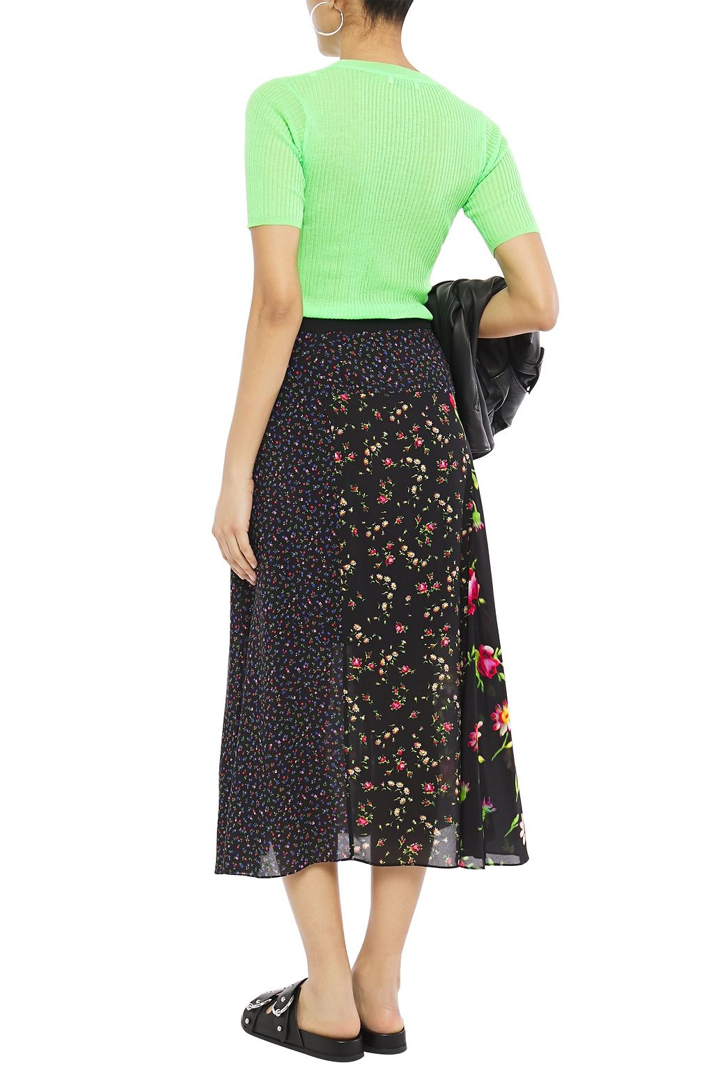 McQ Alexander McQueen Paneled floral-print crepe de chine midi skirt