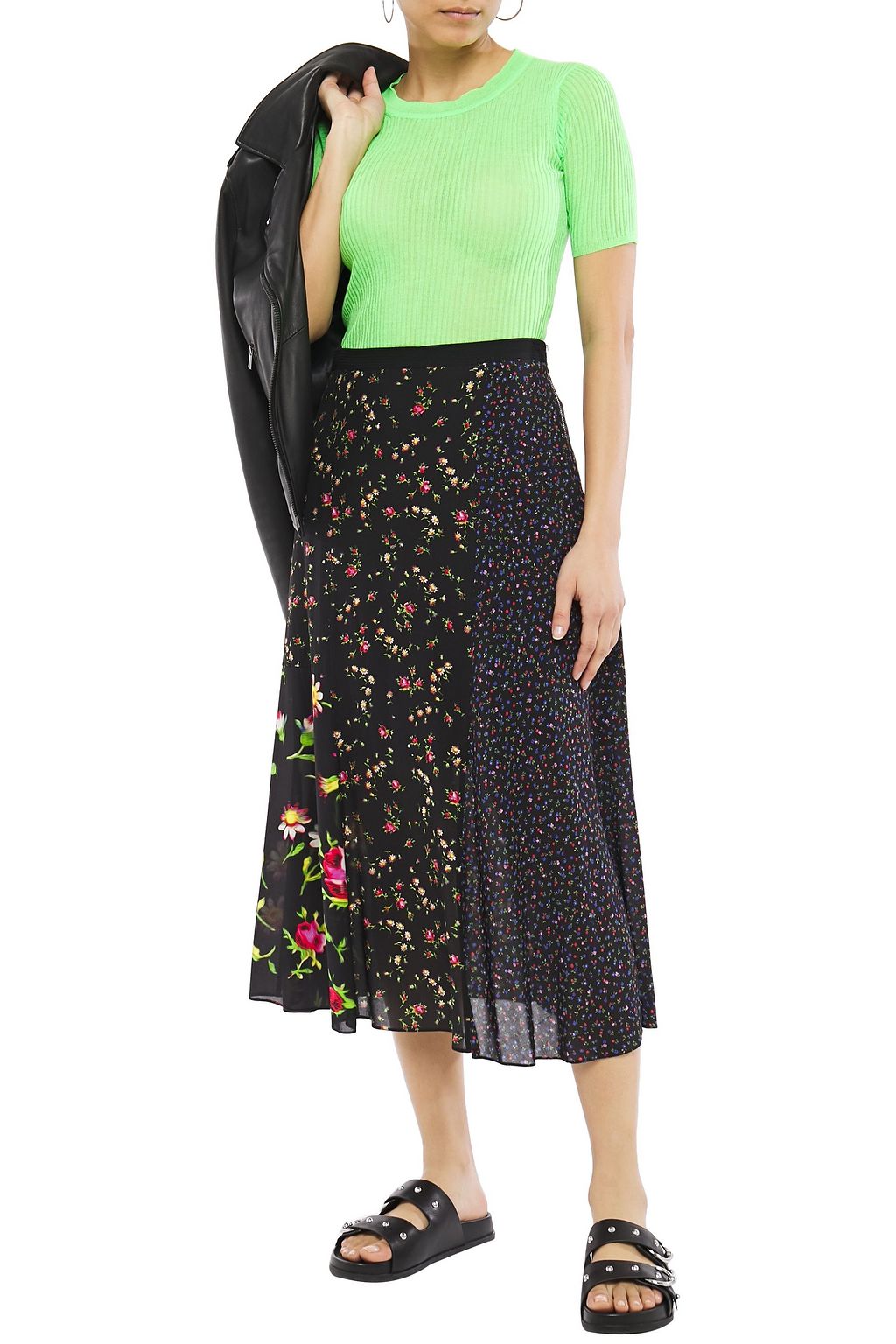 McQ Alexander McQueen Paneled floral-print crepe de chine midi skirt