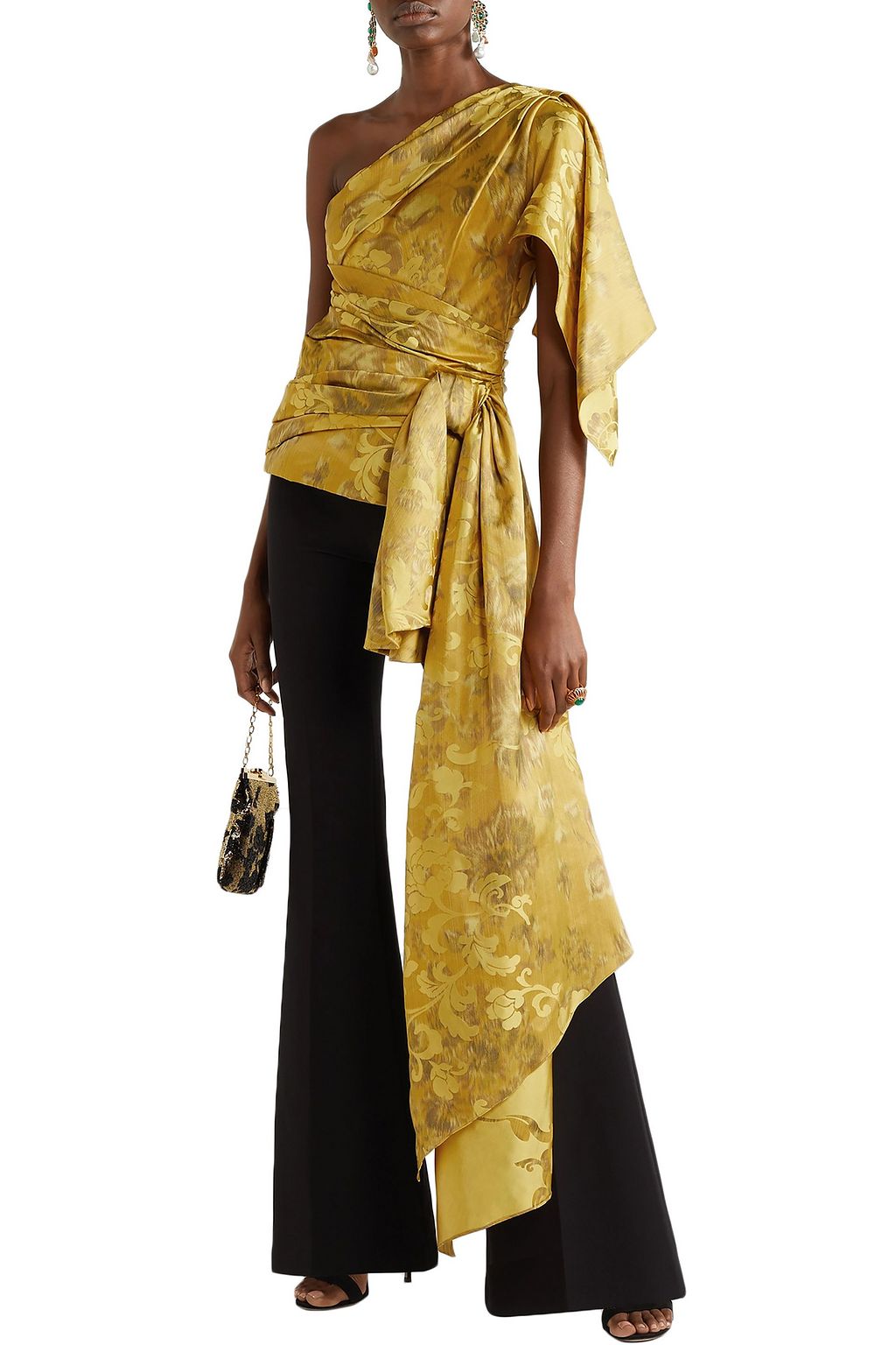 OSCAR DE LA RENTA One-shoulder knotted draped silk-jacquard top