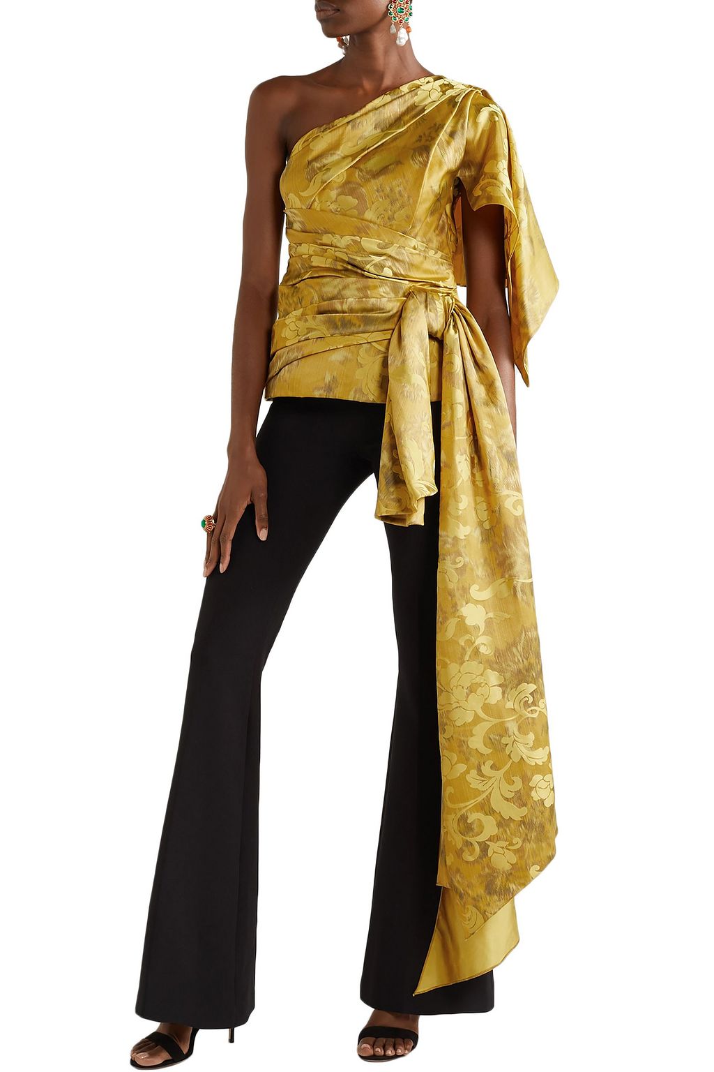 OSCAR DE LA RENTA One-shoulder knotted draped silk-jacquard top