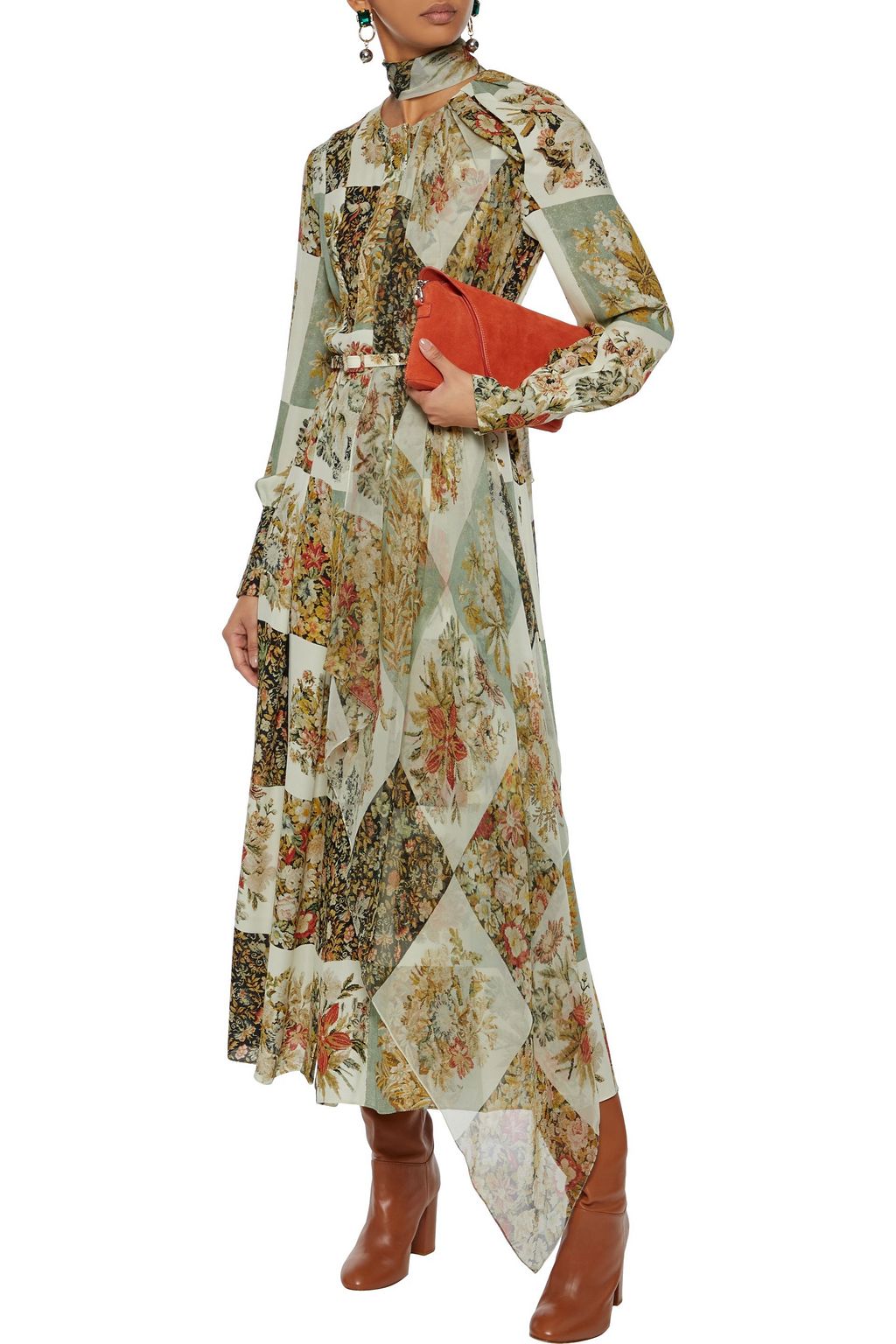 OSCAR DE LA RENTA Pleated floral-print silk-chiffon midi dress