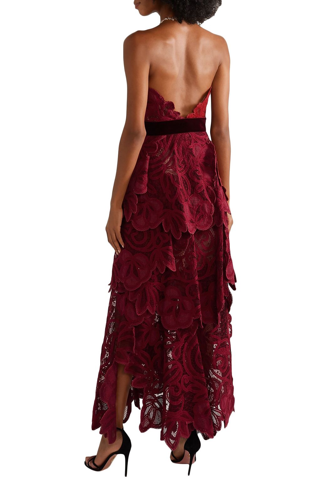 OSCAR DE LA RENTA Belted tiered velvet-trimmed guipure lace bustier gown