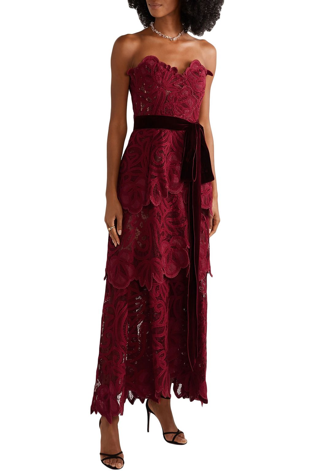 OSCAR DE LA RENTA Belted tiered velvet-trimmed guipure lace bustier gown