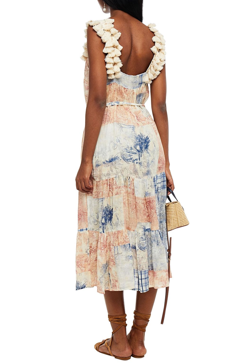 TORY BURCH Belted tasseled printed linen-gauze midi dress