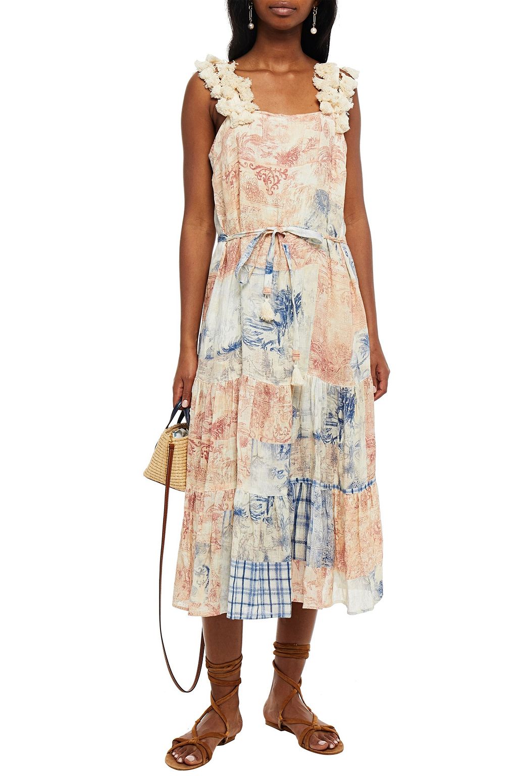 TORY BURCH Belted tasseled printed linen-gauze midi dress