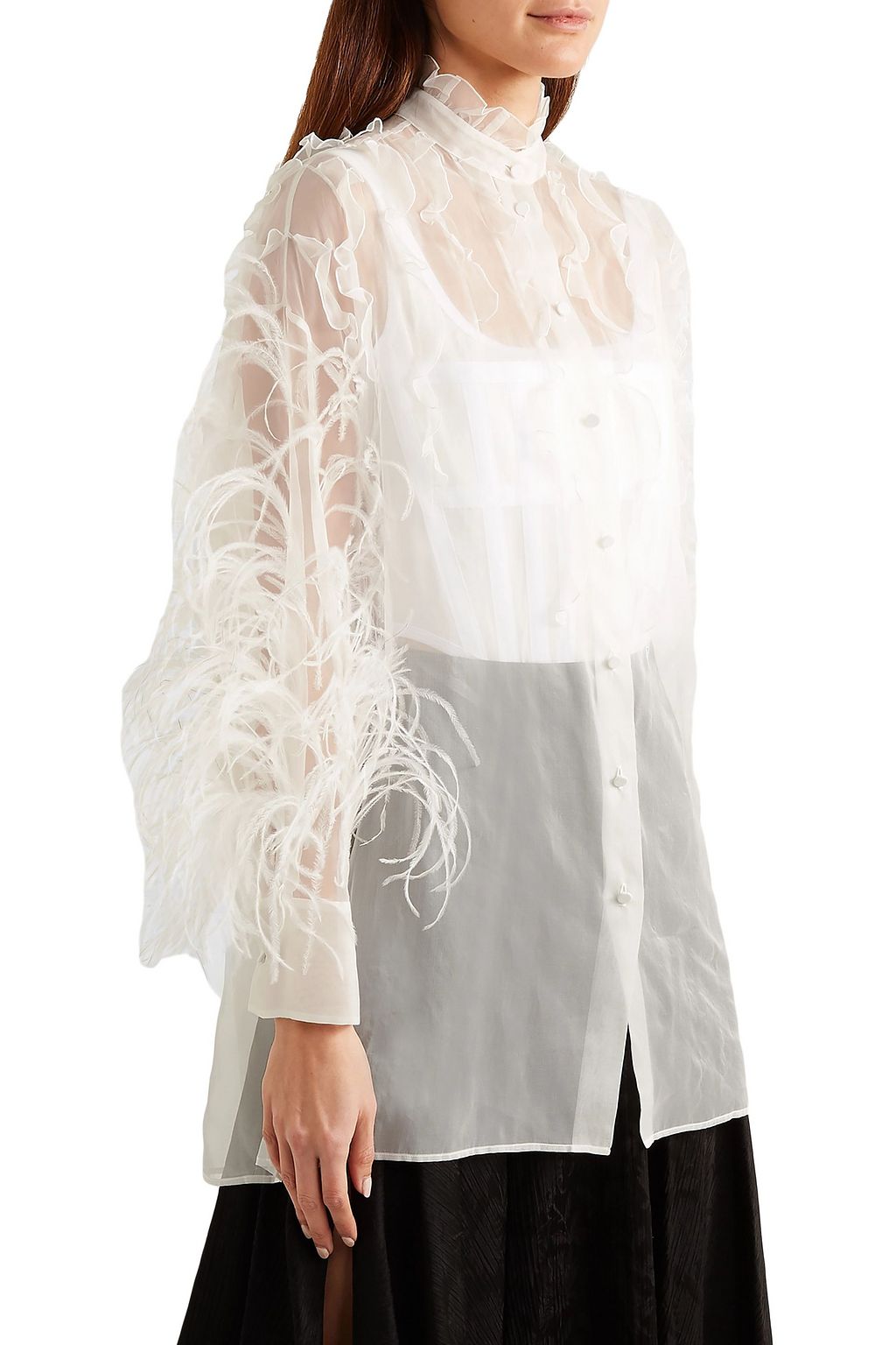 VALENTINO GARAVANI Bluse aus Seidenorganza mit Rüschen und Federn