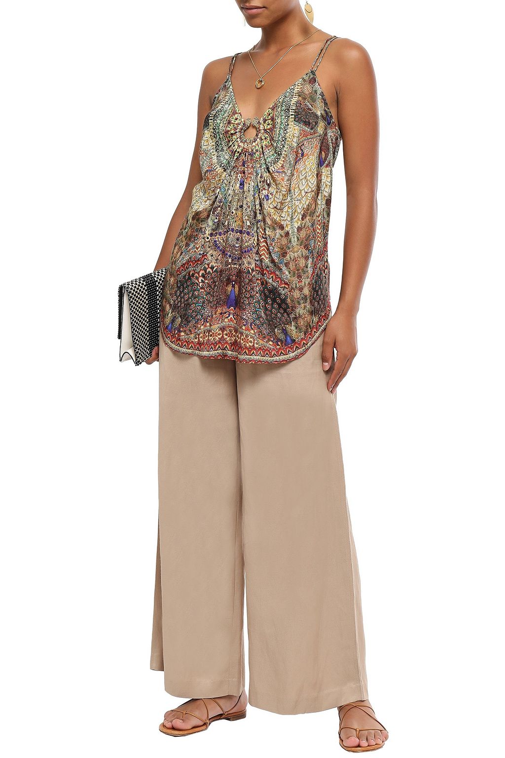CAMILLA Embellished gathered printed silk crepe de chine camisole