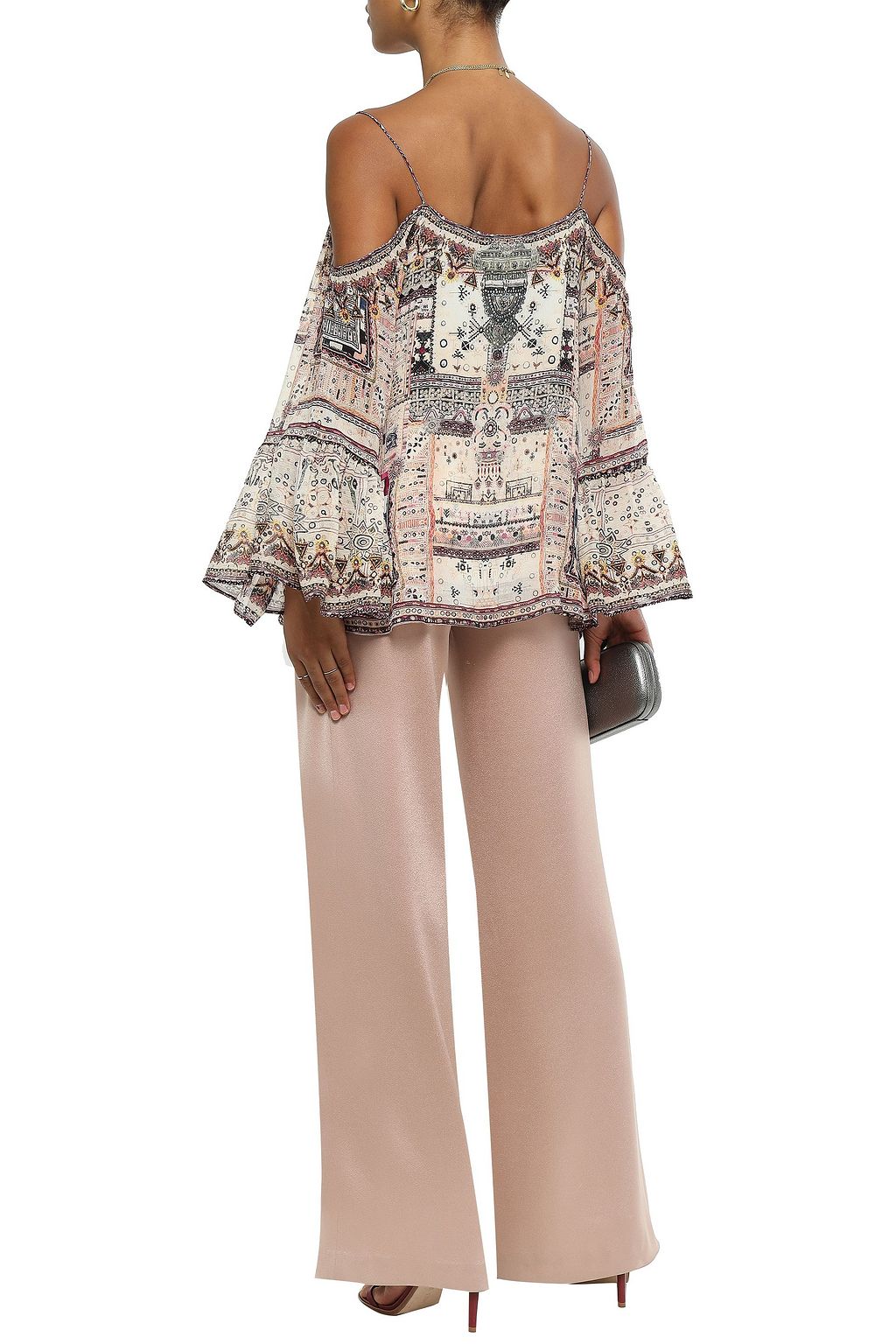 CAMILLA Cold-shoulder embellished printed silk-georgette top