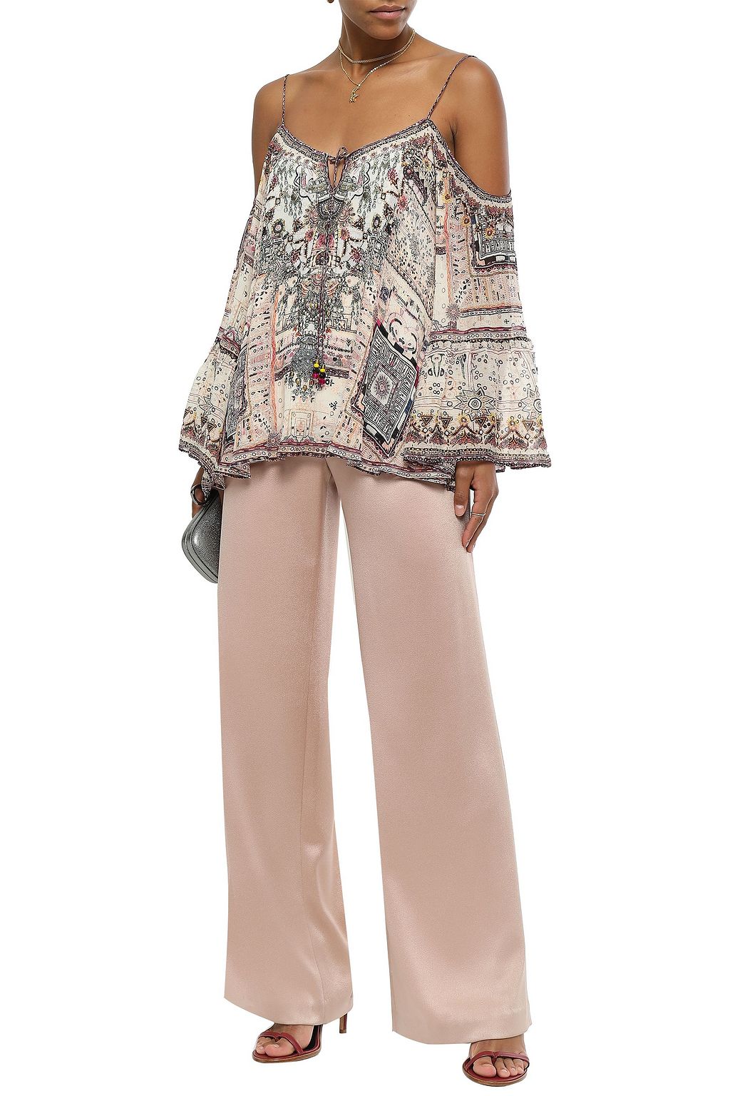 CAMILLA Cold-shoulder embellished printed silk-georgette top