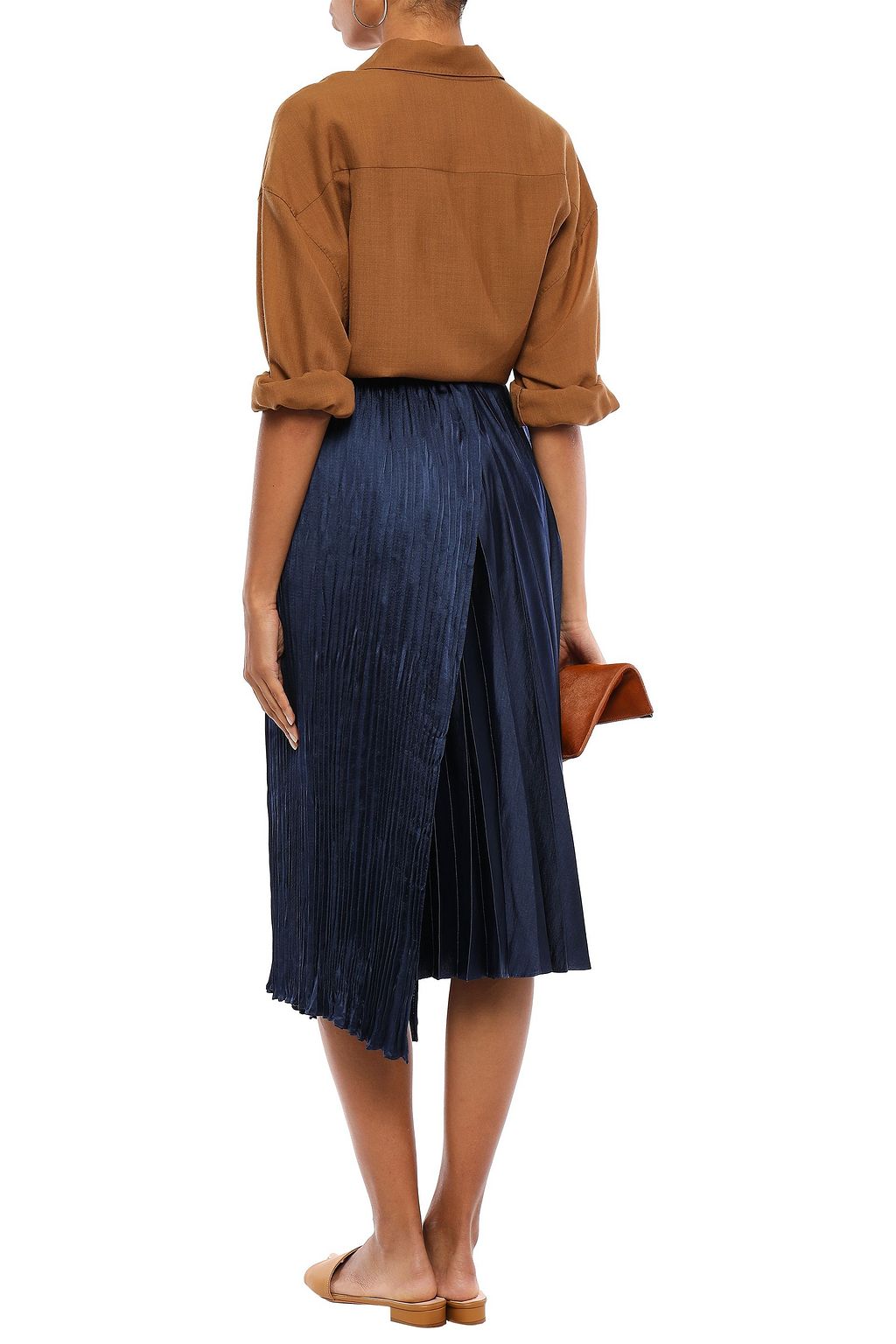 VINCE. Wrap-effect asymmetric pleated satin-crepe midi skirt