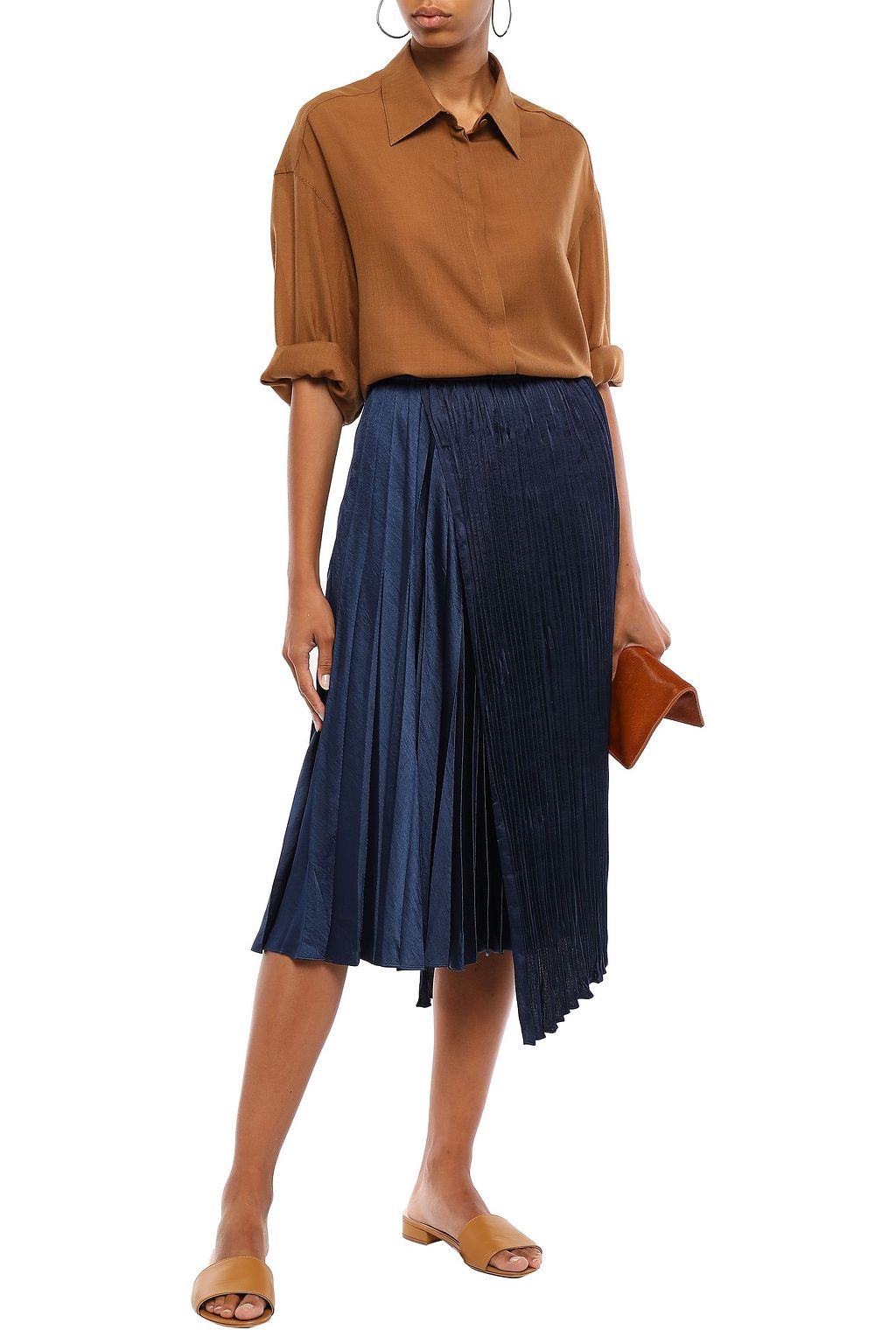 VINCE. Wrap-effect asymmetric pleated satin-crepe midi skirt