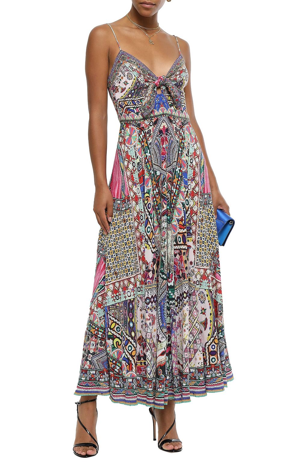 CAMILLA Echos Of Enchantment embellished knotted silk crepe de chine top