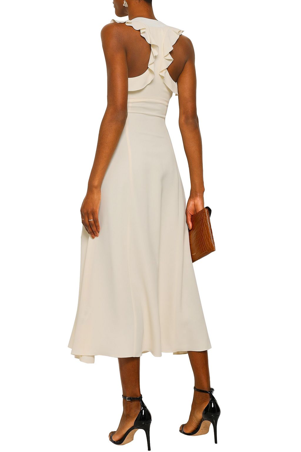 VICTORIA BECKHAM Leather-trimmed ruffled cady midi dress
