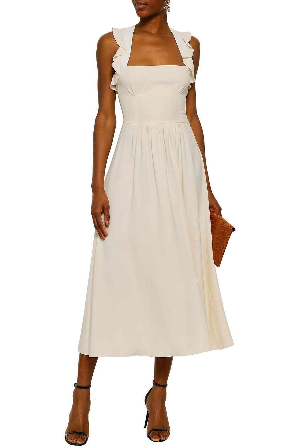 VICTORIA BECKHAM Leather-trimmed ruffled cady midi dress