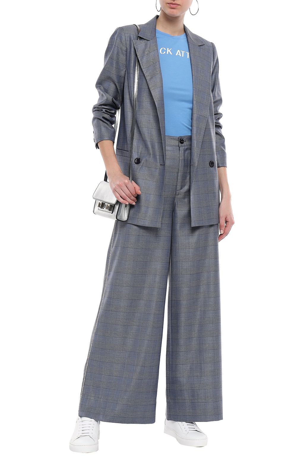 GANNI Crystal-embellished Prince of Wales checked silk and wool-blend wide-leg pants