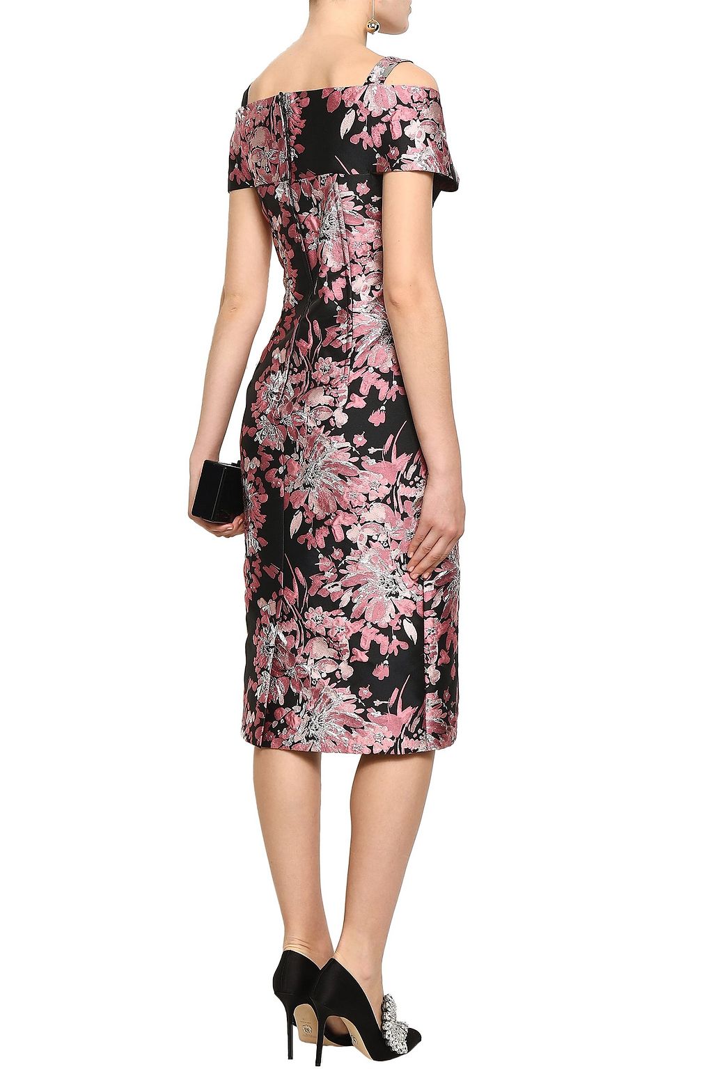 DOLCE&GABBANA Midikleid aus floralem Jacquard mit Metallic-Effekt und Schulter-Cut-outs