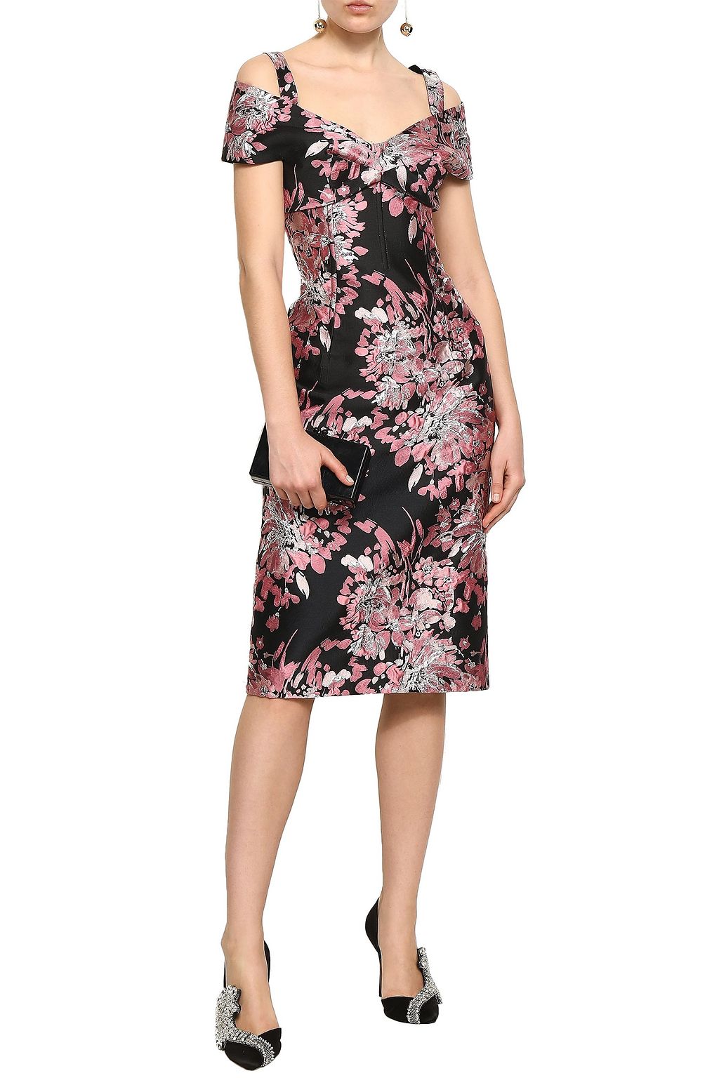 DOLCE&GABBANA Midikleid aus floralem Jacquard mit Metallic-Effekt und Schulter-Cut-outs