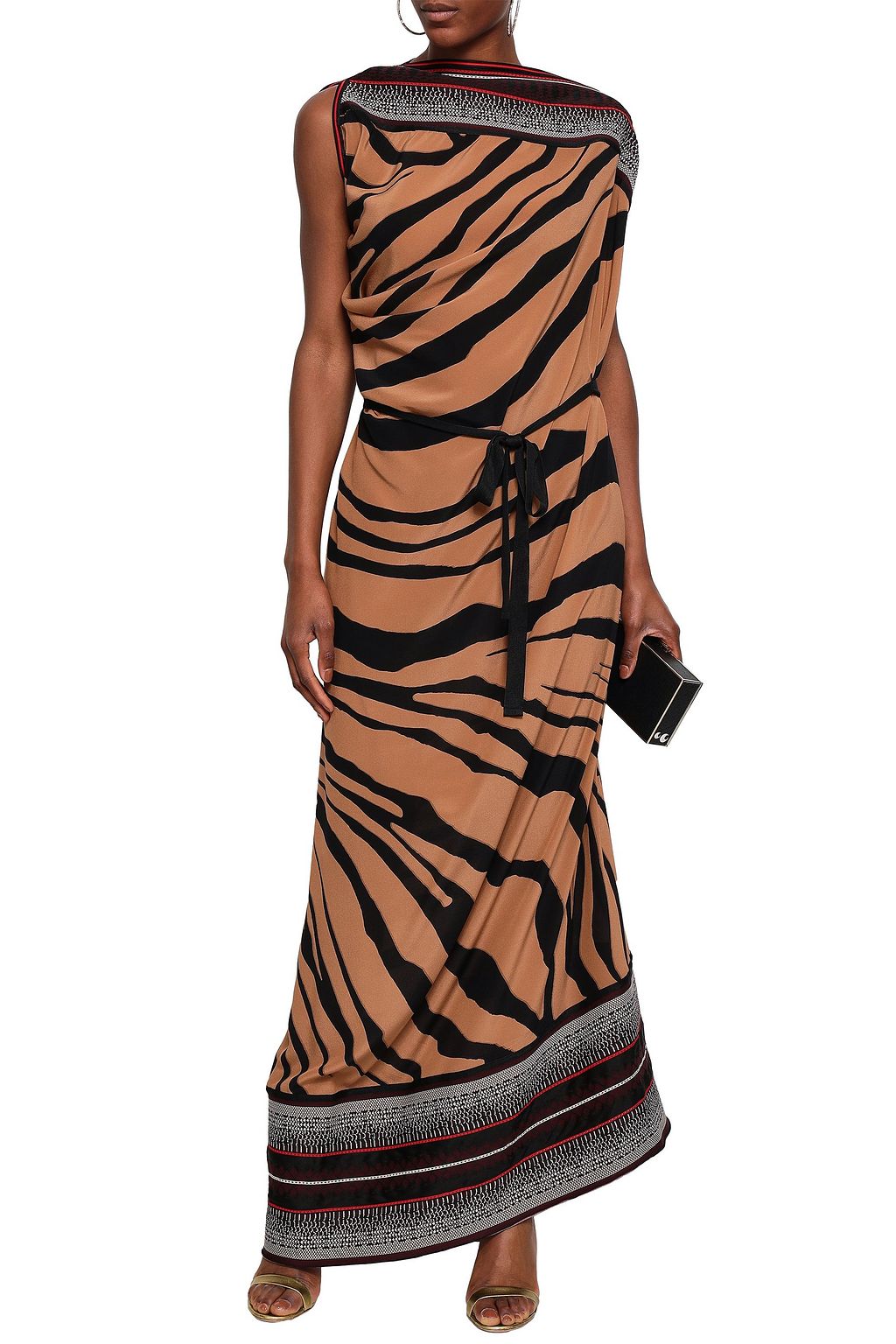 ROBERTO CAVALLI Paneled stretch-knit and zebra-print silk-crepe maxi dress