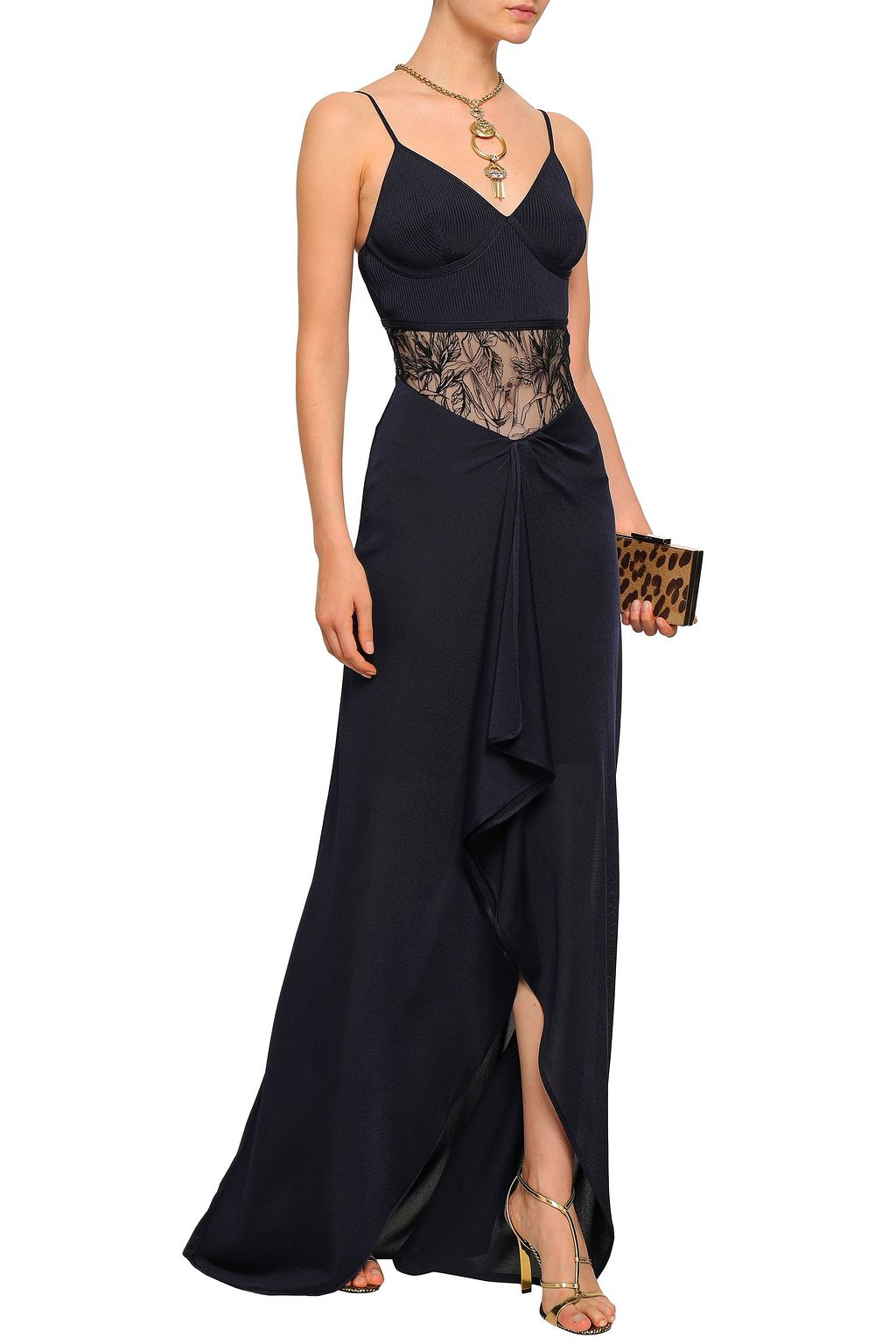 ROBERTO CAVALLI Embroidered tulle-paneled stretch-knit gown