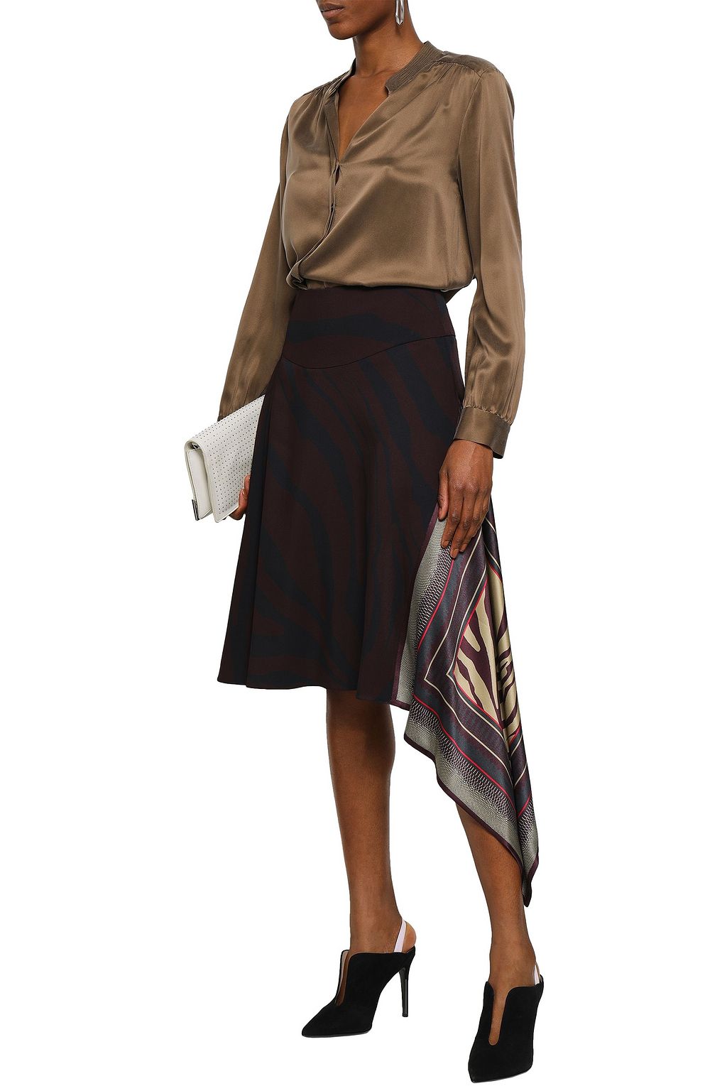 ROBERTO CAVALLI Draped printed satin-paneled jersey skirt